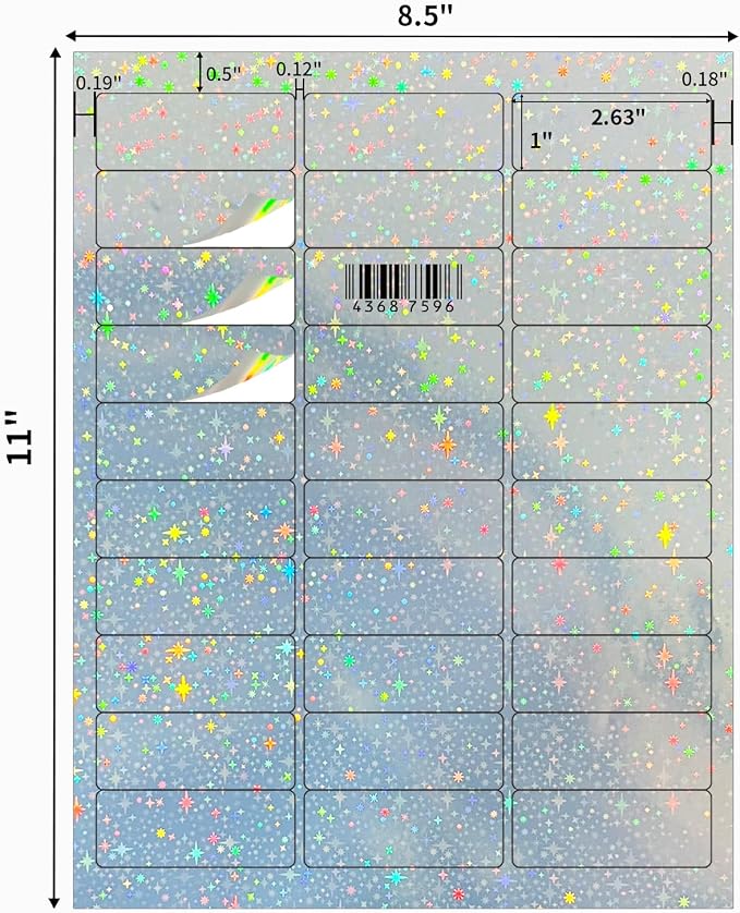 1" x 2-5/8" Address Labels- Holographic Color Stickers for Laser/Inkjet Printer mailing Labels 8.5"×11"- Holographic Star- 20 Sheet