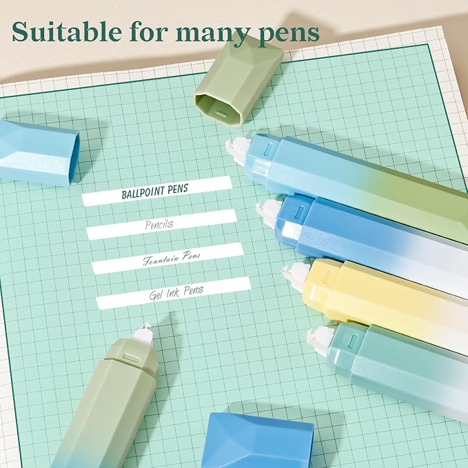 Temiary 5 Pcs White Correction Tapes, Aesthetic White Smooth Pull Out Tape Pens for Instant Corrections, Easy to Use Tear-Resistant Pen Shaped Applicator for Office School Supplies (Gradient Green)