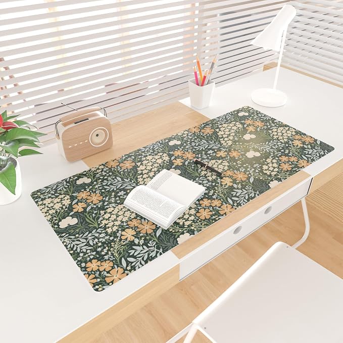 Colorful Star Green Floral Leather Desk Mat, Non-Slip Mouse Pad 31.5"x15.7" | Keyboard Gaming Desk Pads for Office, Desk Décor Large Blotter Writing Pad, Desk Accessories for Women Men