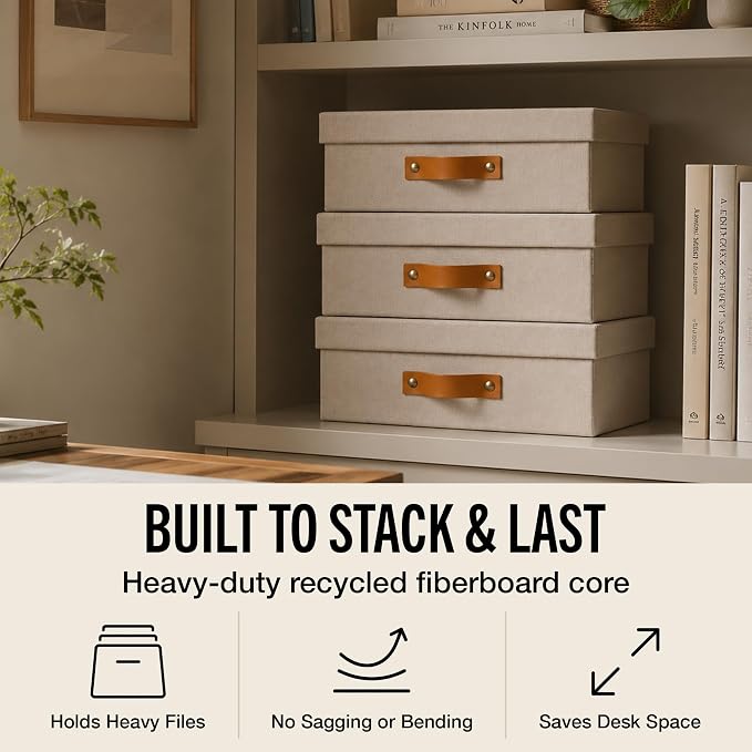 Bigso Oskar Fiberboard Document Storage Box with Lid for A4 and Letter Size Papers - Stylish, Sturdy, and Stackable Keepsake Box with Leather Handle - W10.2in x D13.8in x H3.3in - Pink Rose