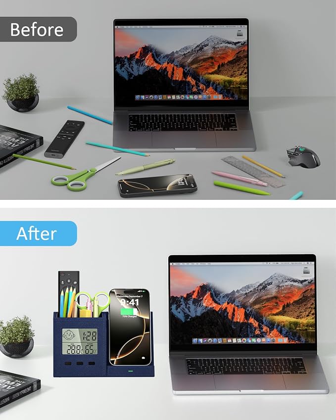 Desk Organizer with Wireless Charger, Digital Clock, Thermometer & Hygrometer - Multi-Functional Pencil Holder, Office Desk Accessories Storage Caddy for Home, Office, Men, Women (Battery Included)