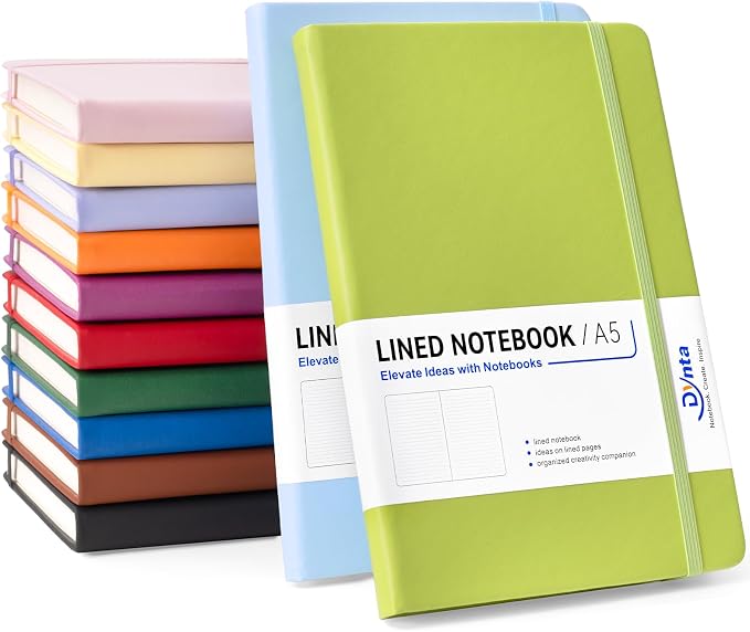 Dynta Lined Journal Notebooks for Women Men, 12 Pack A5 Hardcover Journals Bulk, 200 Pages/100 Sheets, 5.8 x 8.4 inch, 12 Colors, College Ruled Notebooks for Work, Writing, Note Taking