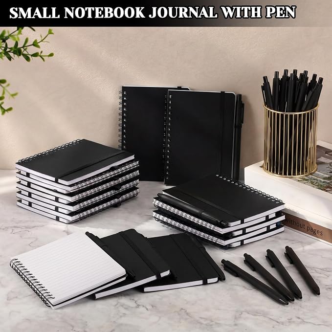 Fulmoon 30 Set Small Spiral Notebooks A6 with Pens Bulk, Multicolor 4" x 6" Pocket Notebooks Mini Lined Journals 50 Sheets for Back to School Supplies Students Rewards Office Gifts (Classic Black)