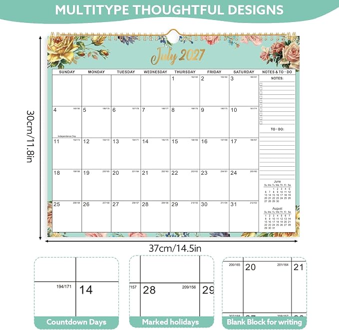 2026-2027 Wall Calendar, 14.5" x 11.8" 18 Month Watercolor Floral | July 2026-December 2027 120Gsm FSC-Certified Paper Monthly Calendar, Twin-Wire Binding, Ruled Blocks, Holiday Reference
