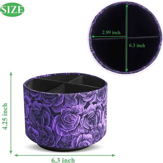 Round Leather Art Supply Organizer,Remote Control Holder,360 Degree Rotating,Multi-Functional Pencil Holder,4 Compartments Desktop Stationary Organizer(1-3D Rose Purple)