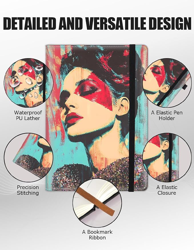 Hardcover Executive Notebooks, A5 PU Leather Lined Journal Notebook, 200 Pages Thick Paper Subject Notebooks for School,Work,Home Writing Business Notebook, Diary Book ，Woman Portrait Doodle
