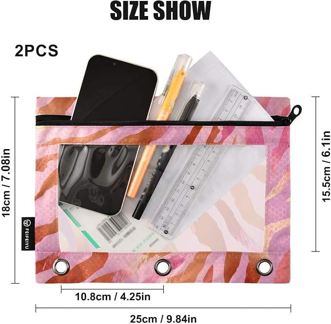 ALAZA Pencil Pouch for 3 Ring Binder, Pink Tiger Stripes Print Binder Pencil Pouches with Clear Window Zipper Pencil Case Cosmetic Bags for Office College Supplies, 2PCS