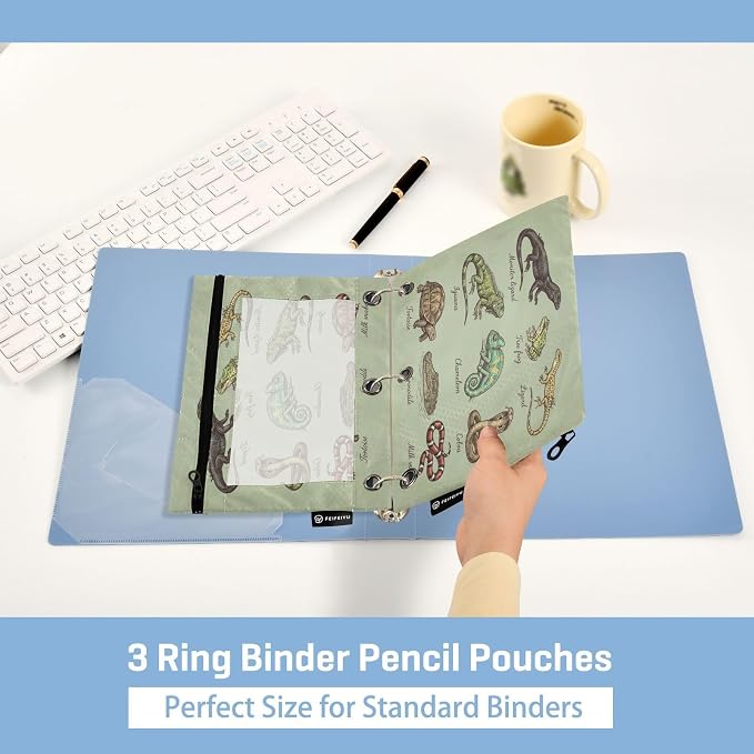 Green Animal Pencil Pouch for 3 Ring Binder 2 Pcs Pockets Pencil Pouches Bag with Clear Pencil Case Cosmetic Bag for Storing College Office Supplies