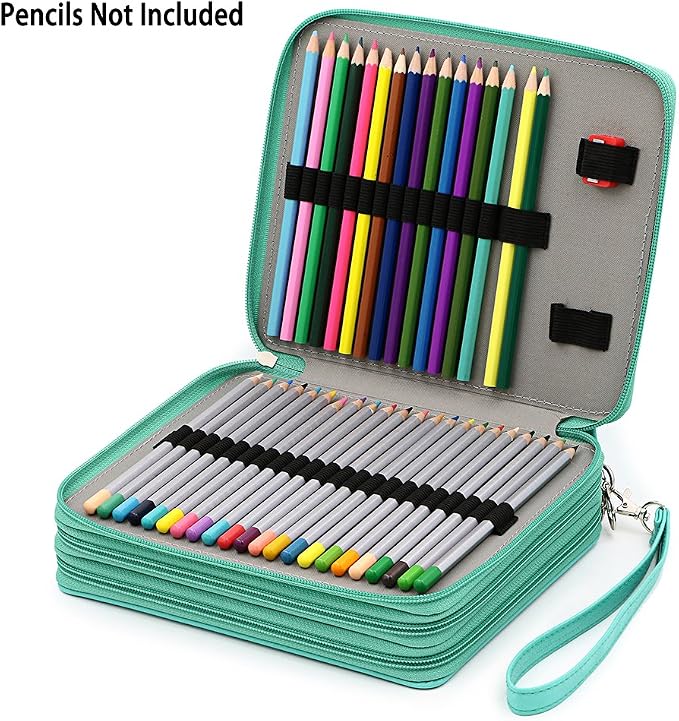 BTSKY Deluxe PU Leather Pencil Case For Colored Pencils - 120 Slot Pencil Holder with Handle Strap Handy Colored Pencil Box Large(Green)
