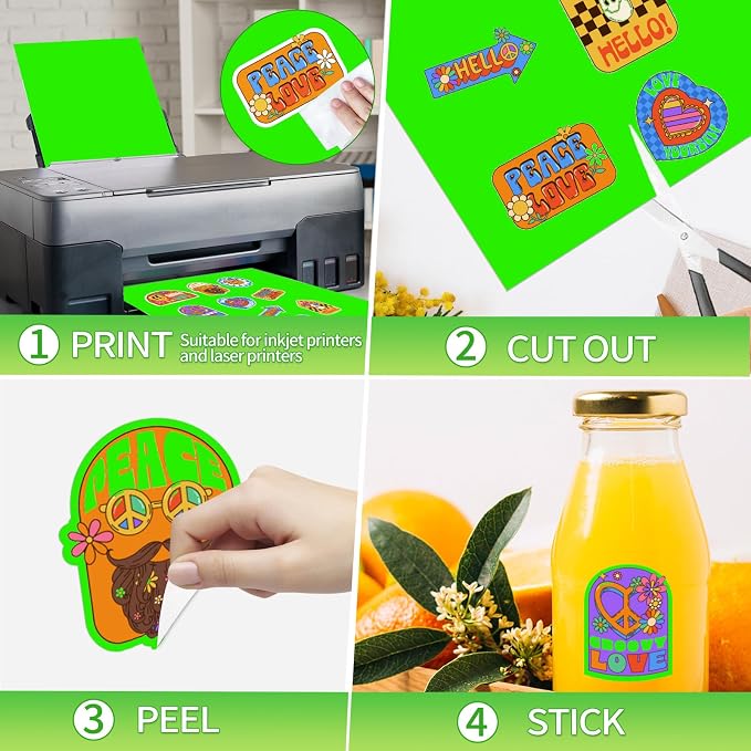 Neon Green Printable Sticker Paper, 25 Sheets Fluorescent Green Matte Printable Sticker Paper, Laser/Inkjet Printing- Letter Size (8.5" x 11")