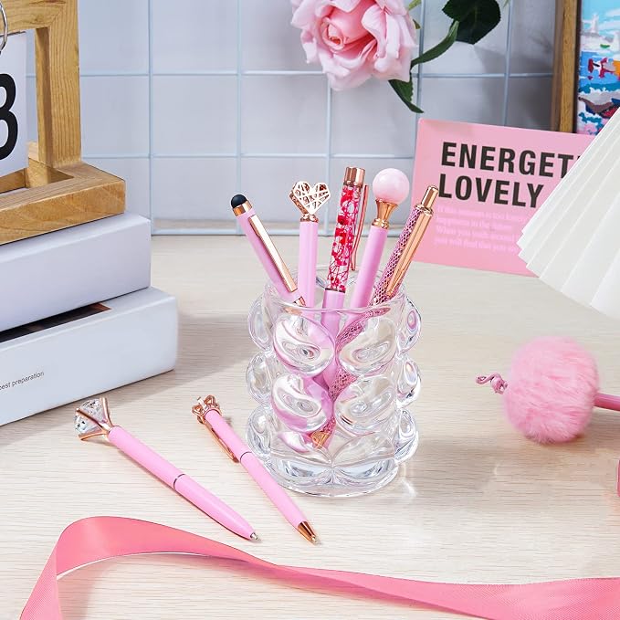 WEMATE 8Pcs Pink Pens, Metal Crystal Diamond Pens with Black & Blue Ink | Fancy Pens for Journaling, Office & Gift Supplies for Women Girls, Birthday and Back to School