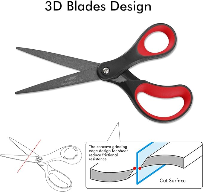 LIVINGO 2 Pack 8" Titanium Non-Stick Scissors, Professional Stainless Steel Comfort Grip, All-Purpose, Straight Office Craft Scissors for DIY(Red/Black)