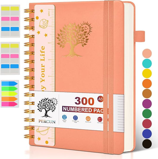 PERCUN Spiral Notebook 300 Numbered Lined Pages Hardcover Journal 5.9"x8.5" | College Ruled Spiral Bound Notebook with Tabs, A5 Leather Journal for Women Men, Work, School, Travel, Writing & Note Taking