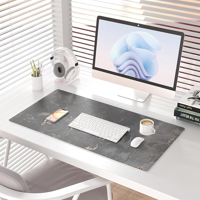 Colorful Star Black Marble Large PU Leather Mouse Pad, 31.5" x 11.8" | Waterproof Non-Slip Computer Gaming Desk Mat, XXL PC Laptop Protector Pads, Desk Writing Pads for Office Home