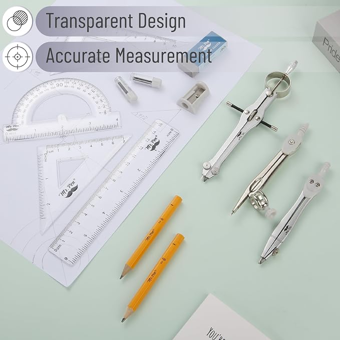 Mr. Pen- Geometry Set, 13 pcs, 3 Metal Compasses, Protractor, 6" Ruler | 45° & 30°/60° Set Squares, Pencils, Lead Refills, Sharpener & Eraser for Math, Drafting & Classroom Use | 45° & 30°/60° Set Squares, Pencils, Lead Refills, Sharpener & Eraser for ...