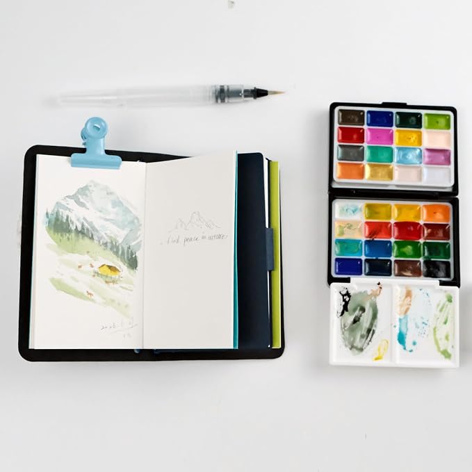 Watercolor Travel Kit, 32 Colors Watercolor Paint Set with 3-in-1 100% Cotton Watercolor Sketchbook, Water Brush, Sponge & Clip, Plein Air Painting Set for Artists (32 Colors)