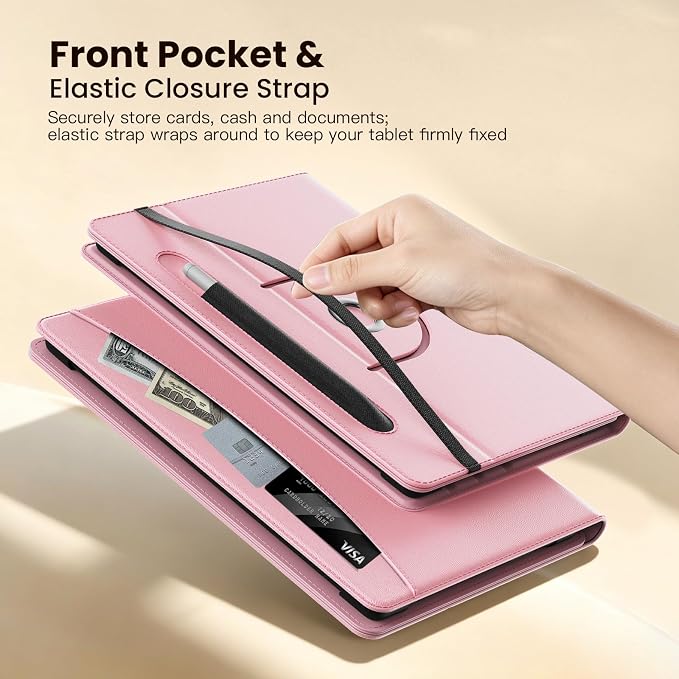 MoKo for Universal 11 inch Android Tablet Case with Pen Holder, Pink | Fits All 9.6-11 inch Tablets, Slim 360 Degree Rotating Cover, Multi-Angle Stand, Front Pocket, No fit iPad/NO back opening