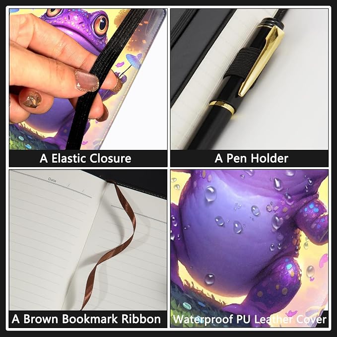 A5 Leather Lined Journal Notebook, 200 Pages Hardcover Executive Notebook for Men Women Office School Note Taking, Thick Writing Paper Daily Journal with Bookmarks/Indexes, Purple Frog