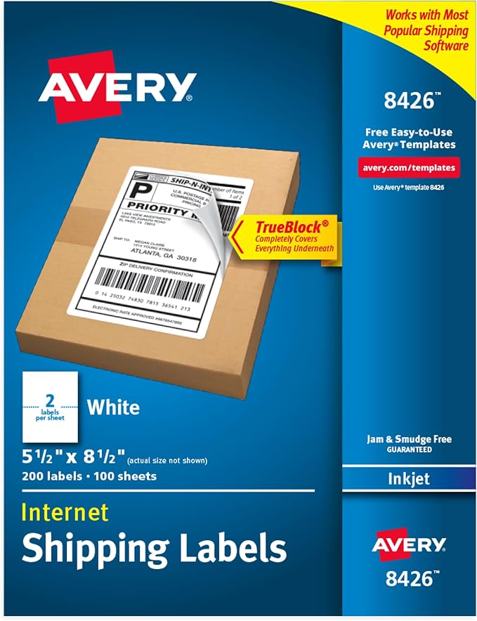 Avery Half-Sheet Printable Shipping Labels, 5.5" x 8.5" Customizable Stickers, White, 200 Blank Mailing Labels, Great for Mailing, Shipping, Organizing, and More (8426)