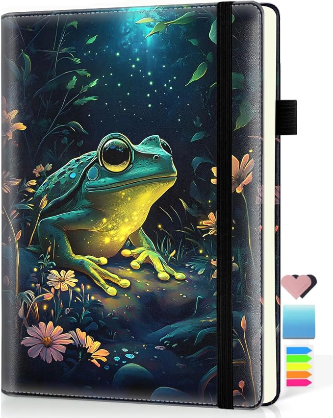 Hardcover Executive Notebooks, A5 PU Leather Lined Journal Notebook, 200 Pages Thick Paper Subject Notebooks for School,Work,Home Writing Business Notebook, Diary Book, Green Frog