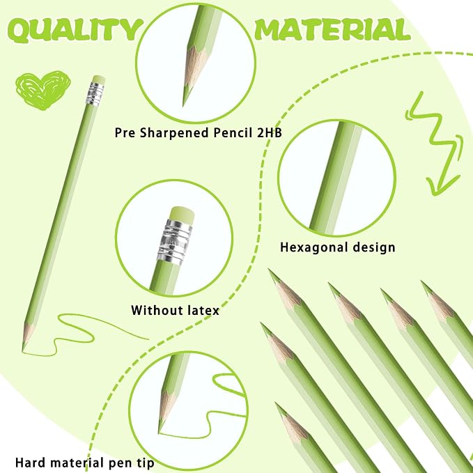 36 PCS Macaron Green Colored Pencils with Eraser Pre Sharpened Pencil 2 HB - Ideal for Checking, Grading, Tests & Office/School Supplies (cutegreen)