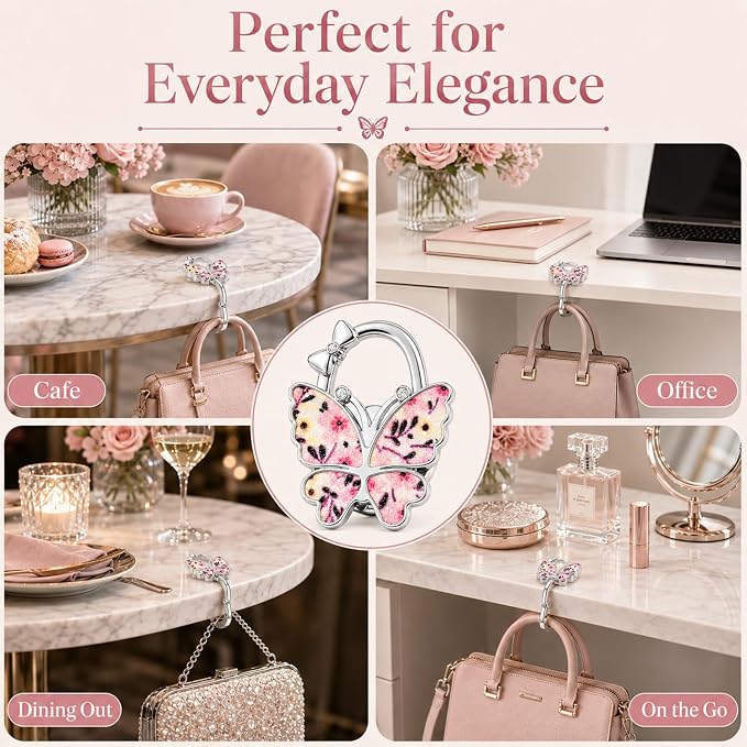 Purse Hook for Table, Foldable Handbag Hanger for Women, Portable Bag Holder with Non-Slip Base, Cute Flower Pink Glitter Butterfly Purse Table Hook for Restaurant Office Travel Gift