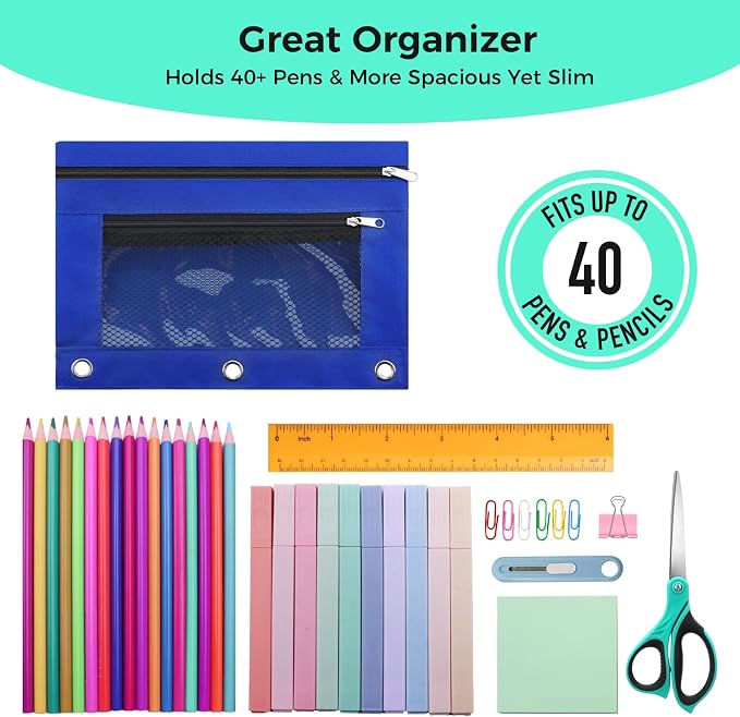 Pencil Pouch for 3 Ring Binder, Pencil Case with Zipper, 600D Fabric Pencil Pouch Bag Holder Accessories, Clear Window Pencil Case Aesthetic Back to School Organizer Pockets for Boy Girl (Blue)