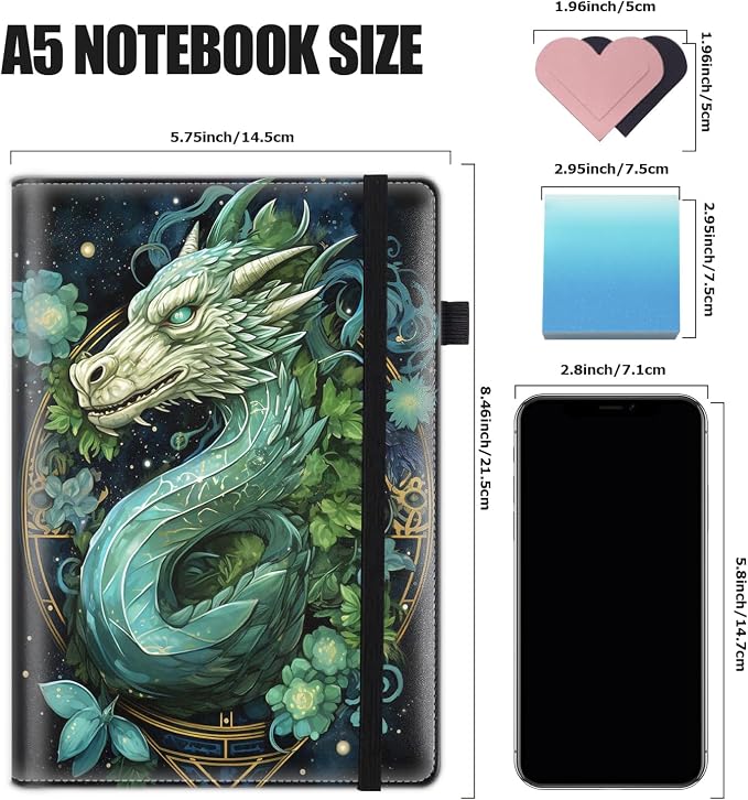 Hardcover Executive Notebooks, A5 PU Leather Lined Journal Notebook, 200 Pages Thick Paper Subject Notebooks for School,Work,Home Writing Business Notebook, Diary Book ， Green Dragon
