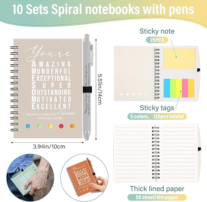 Jetec 20 Pcs/10 Sets Back to School Teacher Gifts Motivational Spiral Notebook with Sticky Notes Pen Bulk Inspirational Journals Thank You Gift for Employee Coworker Birthday Party (Healing)