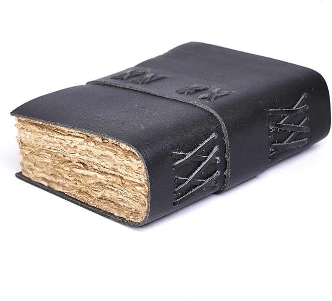 Leather Bound Vintage Journal for Women & Men – Book of Shadows – Lock Closure – 200 Pages of Antique Deckle Edges Handmade Paper (Black, 10 x 7 inches)