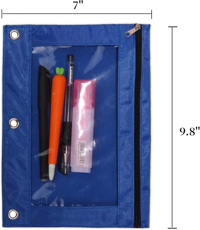 3-Ring Pen Pencil Pouch with Clear Window Stationery Bag Binder Case Classroom Organizers Blue