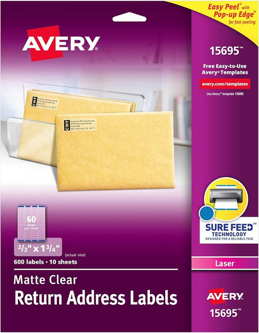 Avery Matte Clear Return Address Labels,Sure Feed Technology,Laser, 2/3" x 1-3/4", 600 Labels, 5 Packs (15695)