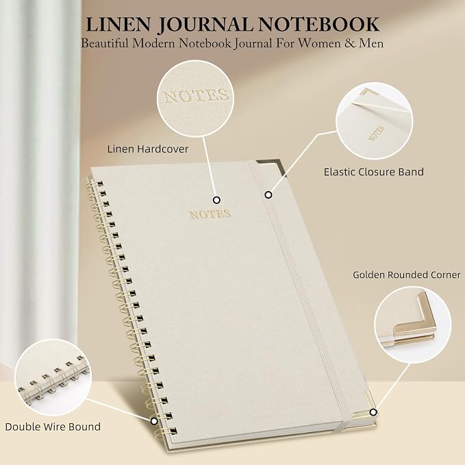 B5 Spiral Notebook Journal, (6.9×9.8'' ) 100 Pages 50 Sheets Linen Hardcover College Ruled Journaling For Work & Note Taking Thick Spiral Journal For Writing Daily Journal For Women & Men -White