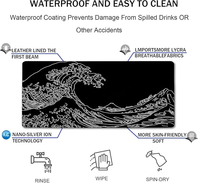Large Gaming Mouse Pad, Waterproof Extra Large Big Mouse Pad with Stitched Edge, XXXL Non-Slip Black Computer Long Mousepad for Gamer, Office & Home, Wave Lines