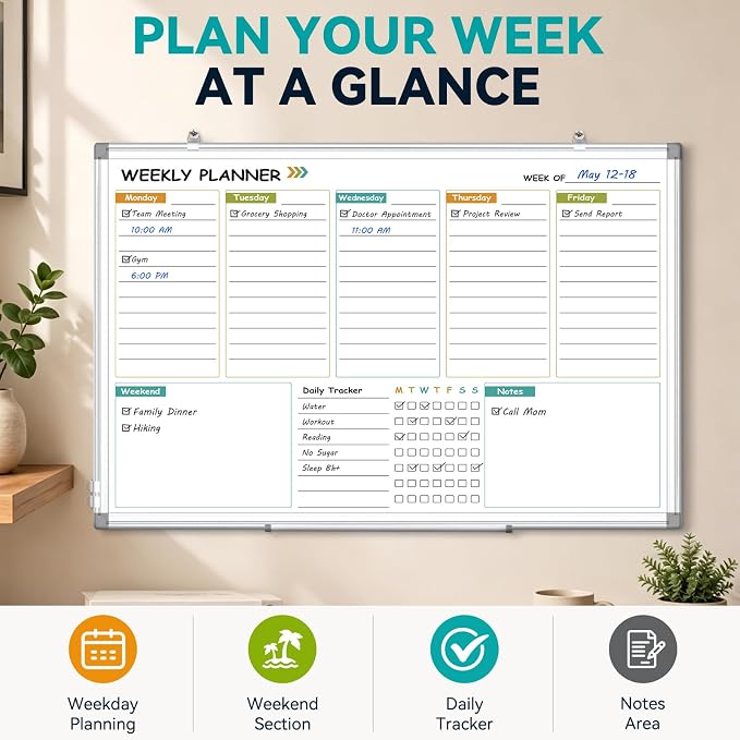 Weekly Dry Erase Calendar Whiteboard with Corkboard, 30" x 20", Silver | Magnetic, White Board Cork Board Combo, Double Sided, Wall Mounted, Aluminum Frame, for Home, Office, Kitchen, Dorm