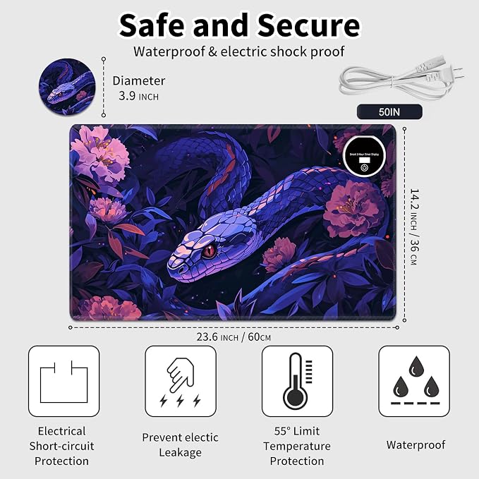 Heated Desk Pad Mouse Pad,Heated Desk Mat,with 3 Heating Levels & 3 Hours Auto Shut-Off,Leather 23.6"*14.2" Gaming Mouse Laptop Mat,Foot Warmer,Purple Snake Flower