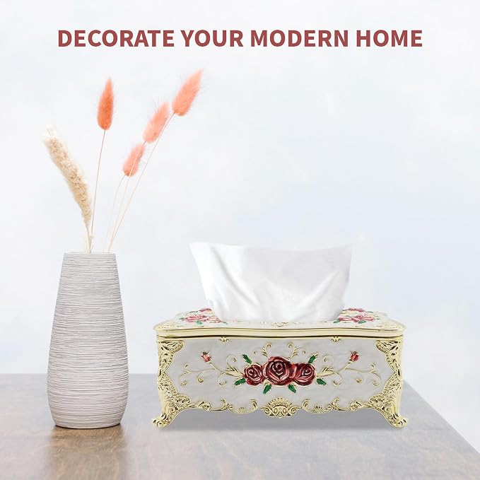 Luxurious Rose Tissue Box with Imitation Diamonds,Gold-White-red | Embossed Flowers，9.45"x5.43"x3.94"，Elegant Tissue Paper Holders，for Home Toilet Bath Hotel