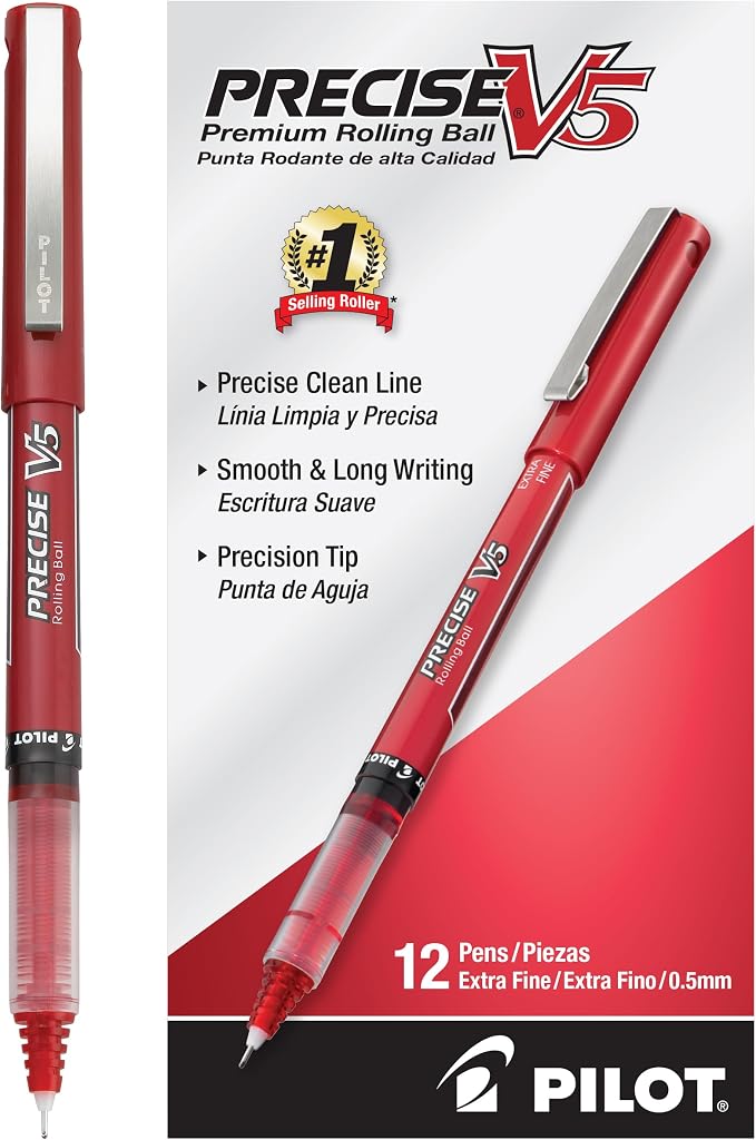 Pilot Precise V5 Stick Liquid Ink Rolling Ball Stick Pens, Extra Fine Point (0.5mm) Red Ink Pens, 12-Pack