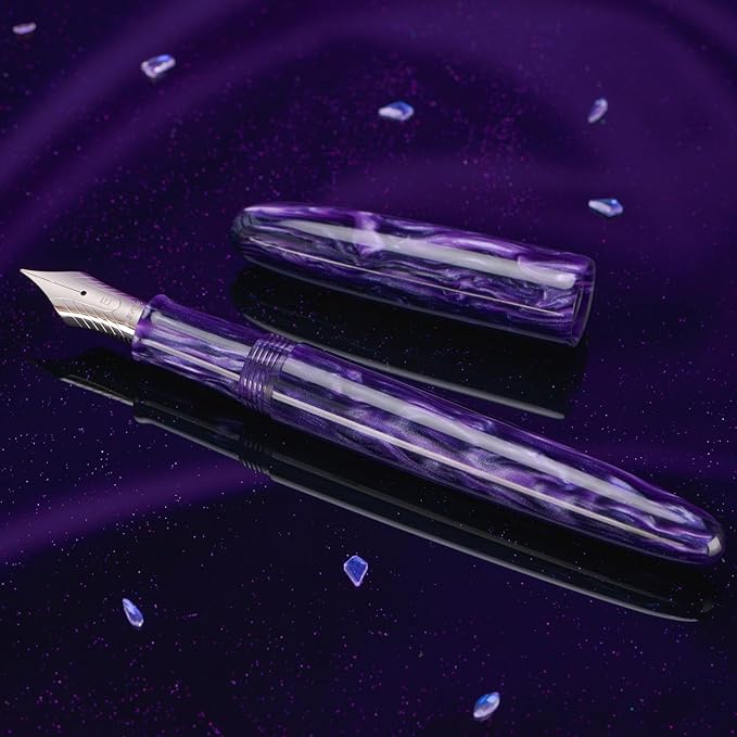 Asvine C80 Fountain Pen #8 Stub 1.1mm Nib Large Handcraft Calligraphy Art Drawing Pen with Converter Pen Case Collection Set (Purple Ripple)