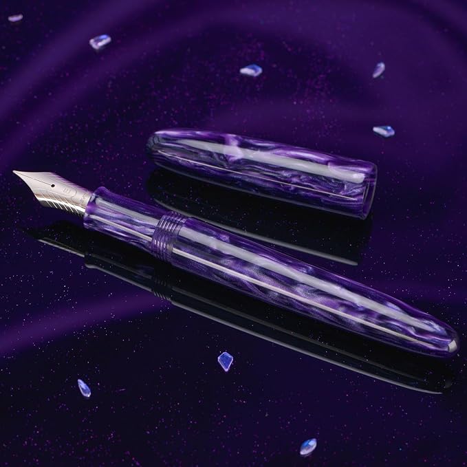Asvine C80 Fountain Pen #8 Medium Nib Large Handcraft Pen with Converter Pen Box Collection Set (Purple Ripple)