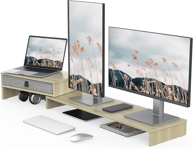 Fenge Triple Monitor Stand with Srorage Drawer, Adjustable Length and Angle | Computer Monitor Riser for 2 or 3 Monitors, Wooden Desktop Laptop Stand, Office Organizer for PC, Screen, Tablet, Oak