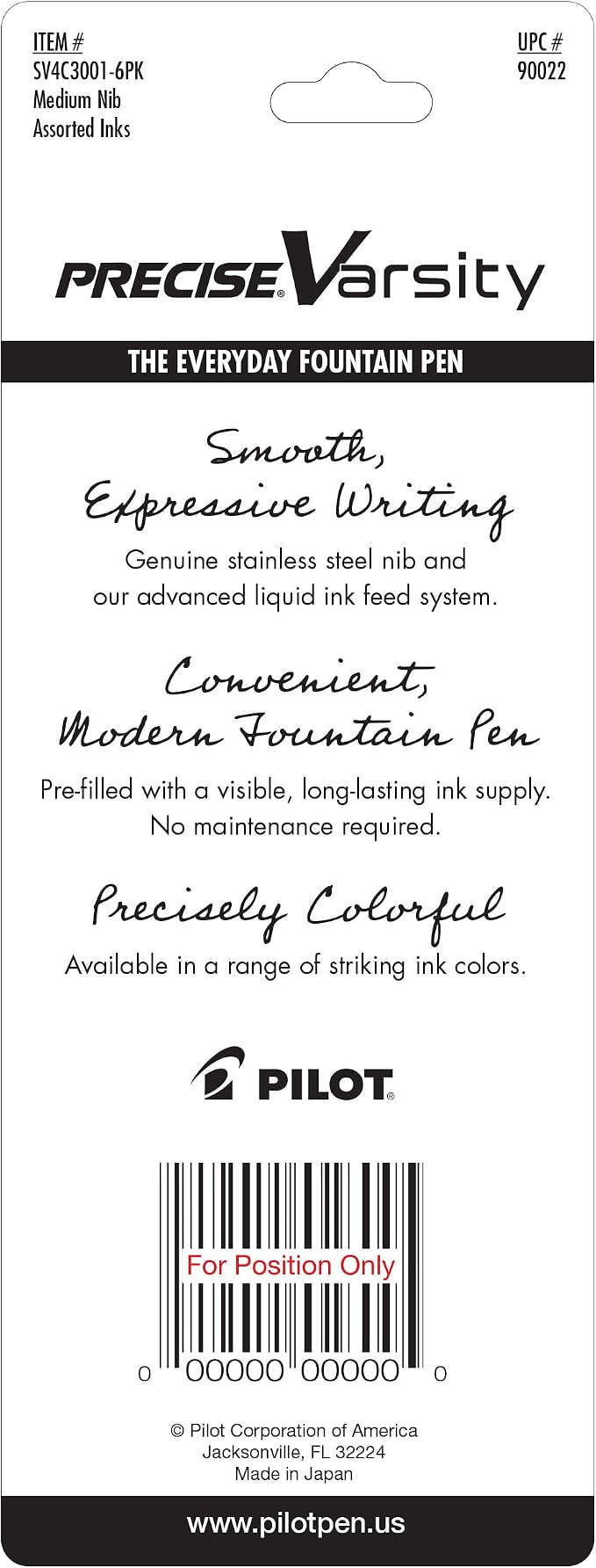 Pilot Precise Varsity Pre-Filled Fountain Pens for Writing, Medium Point Stainless Steel Nib, Black/Blue/Purple Ink, 1.0mm, 3-Pack
