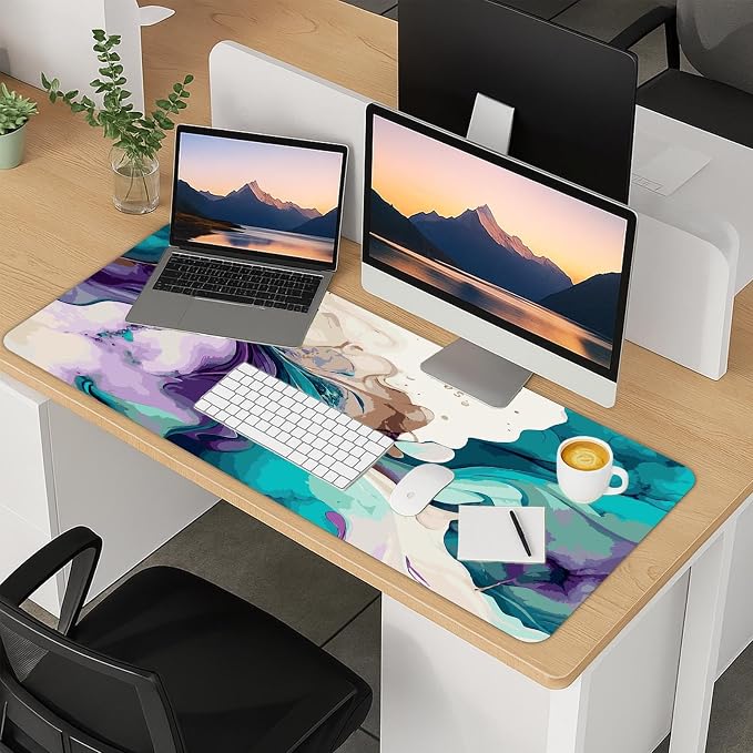 Britimes Teal and Purple Liquid Marble Desk Mat Colorful Deak Pad Non-Slip PU Leather Large Keyboard Mouse Pad Office Desktop Accessories for Office,Work,Home Decor(31.5"X15.7")