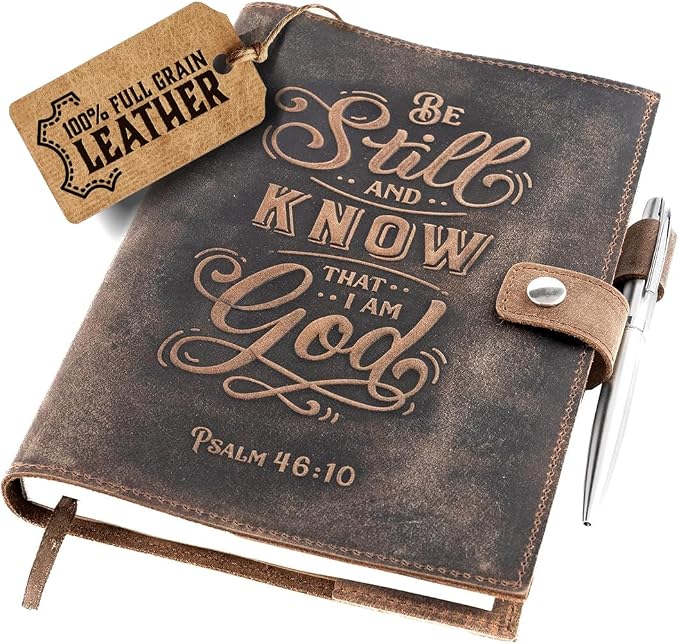 moonster Refillable Psalm 46:10 Bible Verse Embossed Journals with Pen – Milled A5 Leather Journal Lined Paper - Journals for Women Notebook with Pen Holder - 320 Pages