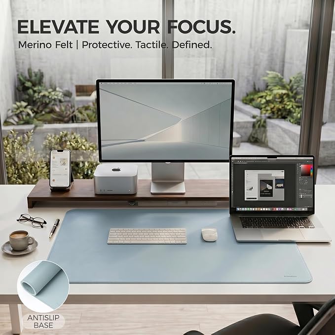 Large Desk Pad Non-Slip Desk Mat Protector for Keyboard Mouse Waterproof Vegan Leather Surface Faux Leather Laptop Mat Smooth Mouse Pad Premium Gift Tube Morning Fog Blue 55" x 23"