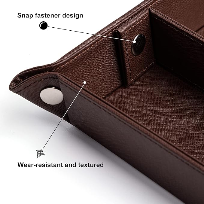 Valet Tray for Men PU Leather Tray Organizer with Partition Luxurious | Night Stand During Trays Storage Keys, Watch & Practical Storage for Table Nightstand Living Room Bedroom (Dark Brown)