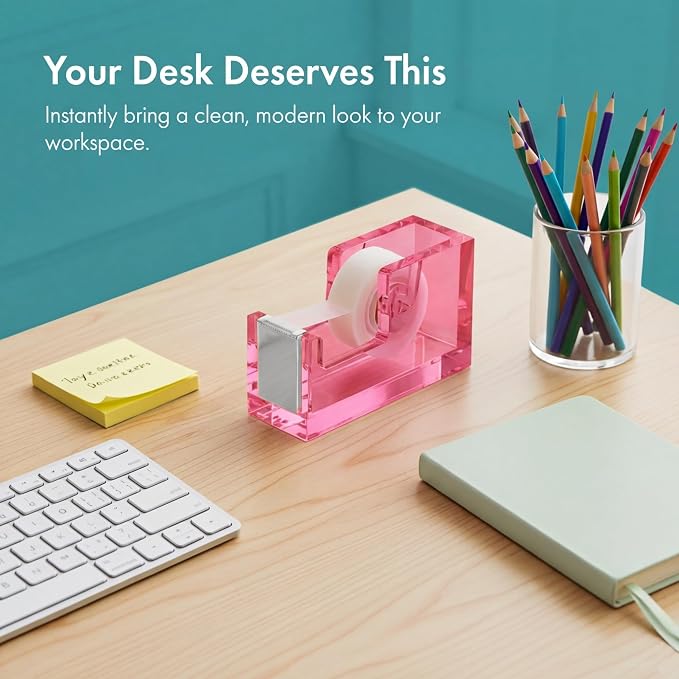 OfficeGoods Acrylic Tape Dispenser – Modern Desk Organizer for Office Supplies, Heavy Duty Refillable Tape Holder for Home and School Crafting, Stylish Desktop Accessory for Gift Wrapping, Pink