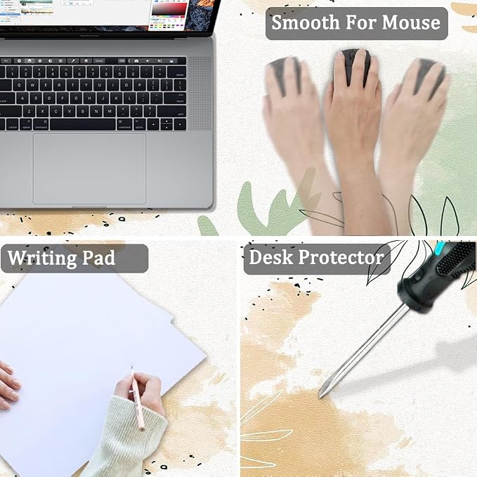 Large Mouse Pad, Desk Mat for Desktop, Dual Side PU Leather Waterproof Gaming Mousepad Desk Pad, Desk Protector Writing Pads Desk Accessories for Office and Home (E-Watercolor Plants, 31.5''X15.8'')