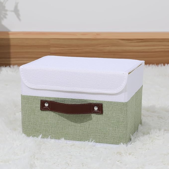 ANMINY 2PCS Storage Boxes with Lids Washable Decorative Storage Bins Basket with PU Leather Handle Foldable Linen Fabric Storage Cubes Containers for Home Closet Organizer - Green White, Medium