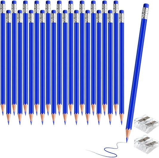 24PCS Erasable Colored Pencils with Eraser Pre Sharpened Pencil 2 HB - Ideal for Checking, Grading, Tests & Office/School Supplies (Blue)